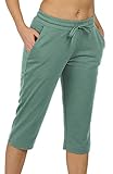 icyzone Damen Jogginghose 3/4 Sporthose Trainingshose Straight Bein Freizeit Hose mit Tasche (M, Blasses grün)