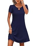 Zeagoo Damen Puffärmel Kleid Rundhals Casual Leichtes Sommerkleid Knielang Schicke Luftige Kleider Navy Blue L