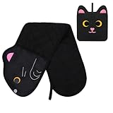 Yamepuia Ofenhandschuhe,Schwarze Katze Kochhandschuhe Lang,Niedlich Lustig KüChenhandschuhe Mit 1 Pcs Topflappen,Weich Katze Topflappen Handschuh Set für Backen Mikrowelle,82 X20 cm,Schwarze