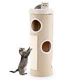 COSTWAY Kratztonne 4 Ebenen, 113 cm hoch, Katzentonne mit 3 Höhlen, 2 Sisal-Kratzbrettern, Plüschbett und Bambusmatte, Spieltonne für Katzen, Katzenmöbel Innen, Katzenturm Katzenbaum Kratzbaum, Natur