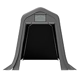 Gartenhaus mit schrägem Dach aus wasserdichtem PE-Material, mit Belüftungsfenstern und L-förmigen Erdankern zum Abstellen von Motorrädern und Gartengeräten. Maße: 366 x 213 x 225 cm.