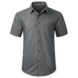 HISDERN Herren Hemd Kurzarm Freizeithemd Businesshemd Herren Kurzarm Grau Hemden Regular Fit Bügelfreies Herrenhemd mit Brusttasche,XL