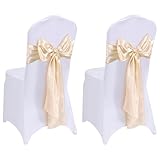 Tomuvpzn 2 Stück Stuhlhussen Weiß, Universell Hochzeit Elegante Stuhl Abnehmbarer Elasthan Stuhlhussen mit 2 Seide Champagnerfarbe Stuhlhusse Schleifen für Hochzeit Bankett Dining Küche Party