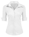 Hotouch Hemdbluse Damen Kurzarm Baumwolle Weiße Blusen mit Knopfleiste Klassische Bluse Business Tops Modern Arbeitshemd Weiß XS