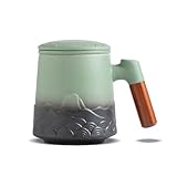 ZENS Teetasse mit Deckel und Sieb, 500ml Große Holzgriff Teebecher mit Teesieb und Deckel für Losen Tee, Geprägtem Keramik Teetassen Geschenke für Teeliebhaber, Moosgrün