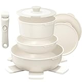 YASHE 9-teiliges Topf und Pfannenset, Antihaft-Kochgeschirr set,stapelbares TöPfe Set, Für Alle Herdarten, Abnehmbarer Griff, Ofenfest, Stapelbar Platzsparend, Weiß