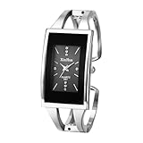 JewelryWe Damenuhr Rechteckig Armreif Uhr: Elegant Analog Quarz Armbanduhr Damen Silber Edelstahl Offen Armspange Armband Uhr Spangeuhr mit Schwarz Rechteck Zifferblatt