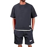 Generisch Jogginganzug Herren Shorts und Tshirt Set Waffle Trainingsanzug 2 Teiler Herren Sommer Outfit Zweiteiler Fitness Kleidung Freizeitanzug Shirt + Kurze Hose Sportanzug Sommeranzug Tracksuit