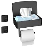 SURFOU Toilettenpapierhalter Ohne Bohren,klopapierhalter Schwarz,3-IN-1 Multifunktion,Selbstklebend,Mit Feuchttücherbox,Wc Papier Halterung,Edelstahl,Geeignet für Toilette/Badezimmer