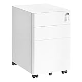 SONGMICS Schubladenschrank, Rollcontainer mit 3 Schubladen, abschließbarer Aktenschrank, vormontiert, Metallschrank, Druckertisch, Büro, Homeoffice, 50 x 39 x 59 cm, mattweiß OFC032WG01