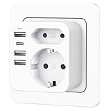 Mehrfachsteckdose mit 4 USB Ports, Mehrfachstecker für Steckdose mit 2 Fach Stecker, Steckdosenadapter mit USB C Port, Doppelstecker für USBC Steckdose, Steckdosenleiste
