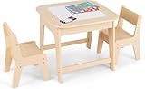 FANTASK Kindertisch mit 2 Stühlen, 3 TLG Kindersitzgruppe Holz mit Doppelseitiger Tischplatte