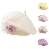 Kunyeah Kleine Mädchen Beret Hut Winter Warm Beanie Cap Kleinkind Französisch Stil Strickmütze Baby Niedliche Blume Berets