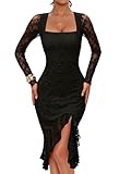 MEROKEETY Langärmeliges figurbetontes Spitzenkleid für Damen, quadratischer Ausschnitt, gerüschter Rüschensaum, sexy Hochzeitsgäste, Cocktailkleider, Schwarz, Mittel