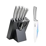 Justup Messer Set, 7-teiliges Messerblock-Set mit Rutschschutzgriff, Scharfes Messer aus Edelstahl für die Küche, Professionelles Kochmesser für Zuhause, Schneiden, Mahlen, Würfeln (Schwarz)