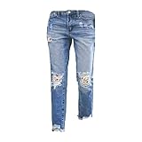 Damen-Jeans mit geradem Bein und verwaschenem -Jeans im Distressed-Saum Skinny Jeans Damen Low Waist Hellblau Jeans 38 (Red, XXXL)
