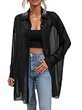 GORGLITTER Damen Transparente Bluse Mesh Hemdshirt Button Down Locker Oberteil Lange Chiffonbluse Hemdbluse Schwarz M