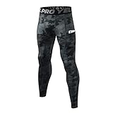 Ruowuhen Herren Kompressionshose mit Taschen, Männer Sport Leggings Laufhosen Schnelltrocknend Fitness Funktionsunterhose Tights Tarnfarben Schwarz XL