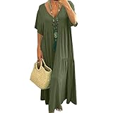 FUNRKLI Maxikleid aus Baumwolle, Übergröße, Damen, Sommer, Strand, Baumwolle, Leinen, Maxikleid, V-Ausschnitt, kurze Ärmel, lässig, lockeres Kleid, Dunkelgrün, Groß