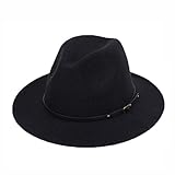 VASANA Fashion Classic Unisex Verstellbarer Fedora Hut Breite Krempe Flache Kirche Derby Cap mit Gürtelschnalle Jazz Hut Filz Panama Hut für Männer und Frauen (Schwarz)