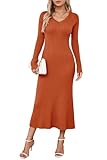 Arach&Cloz Strickkleid Damen V Ausschnitt Herbst Winterkleid Lang Pulloverkleid Bodycon Fishtail Maxi Kleid Elegant (Rust,M)