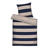 TOM TAILOR Renforcé-Bettwäsche, 80x80 cm + 135x200 cm, 100% Baumwolle/ Renforcé, mit Wendemotiv und farbigem Markenreißverschluss, BOLD STRIPES Blau, Beige (Dark Navy & Sunny Sand)