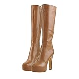 MissHeel Plateau Stiefel Langschaft Stiefel Blockabsatz Runde Zehen High Heels Braun EU 46