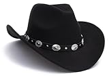 Schwarzer Cowboy-Cowgirl-Hut für Damen und Herren, Western-Stil, breite Krempe, Filz, Fedora-Hut mit abnehmbarer Gürtelschnalle, Größe M