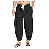 Haremshose Herren Lang Sommer Leinenhose Sommerhose Leicht Atmungsaktiv Freizeithose Stoffhose Baggy Leinen Yogahose Loungehose Männer Mit Kordelzug Aladinhose Mit Taschen Pants Einfarbig Casual