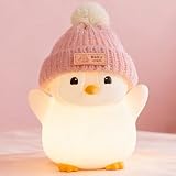 FAMIDUO Pinguin Nachtlicht Kinder, süße rosa Pinguin-Lampe mit Strickmütze, weiches Silikon-Nachtlicht für Baby, wiederaufladbar/dimmbar/Timer, LED-Nachttischlampe, lustige Geschenke für Kinder