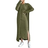FUPODD Strickkleid Damen Winter Lang Zweiteiler Mit Strickjacke Winterkleid Elegant Curvy Geripptes Kleider Maxi Mit Schlitz Frühlingskleid 2 Teiler Pulloverkleid Strick Herbstkleid Frauen Pullikleid