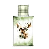 Herding Home Edition Flanell-Bettwäsche-Set, Hirsch, Kopfkissenbezug 70 x 90 cm, Bettbezug 140 x 200 cm, Mit Knopfleiste, 100% Baumwolle/Flanell