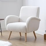 chairus Kunstfell Loungesessel Ohrensessel für Wohnzimmer Polstersessel Einzelsofa für Schlafzimmer Akzentstuhl Relaxsessel mit Holzbeinen (Weiß)