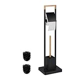 Relaxdays WC Garnitur, Bambus, Edelstahl, stehender Klopapierhalter, Toilettenbürste mit Bürstenhalter, schwarz/natur