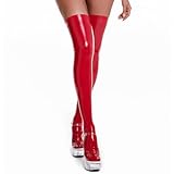 Damen Lack und Leder Sexy Latex Strümpfe, Damenstrümpfe, Sexy Dessous, Glänzendes Leder Sexy Strümpfe, Oberschenkelstrumpfhose, Kurze Strampler, Cosplay Kostüm, Club Enge Slim Fit, Rot, XL