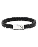 TOLOWOBK Lederarmband Herren Armband mit Buchstaben Edelstahl Gravur A-Z Buchstabe Armband Männer Schwarz Geflochten Leder Armbänder mit Magnetverschluss Ostern Geburtstag Geschenke für Männer