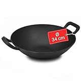 FireRocket Gusseisen Wok 34cm optimal für Gasbrenner | Robuster Cast Iron Grill-Wok | Geeignet für Gasgrill Kohlegrill Induktionsherd | Wokpfanne für Nudeln Reis Gemüse