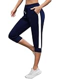 Jezonga Caprihose Damen Jogginghose 3/4 Sporthose Baumwolle Sommer Freizeithose Trainingshose mit Bündchen High Waist Sweathose Streifen Freizeit Hose für Jogging Sport Yoga Dunkelblau XXL