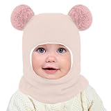 Casenly Kinder Wintermütze, 3 in 1 Schalmütze Warme Schalmütze Niedliche Baby Schlupfmütze Beanies Kapuze mit Doppelpom Pom Winddichte für Mädchen und Jungen, Rosa