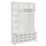 VASAGLE Kleiderständer, Garderobe, Eingangsmöbel mit Schuhregal, verstellbare Ablagen, 20 offene Fächer, 6 Dreifach-Haken, Landhausstil, freistehend, für Eingangsbereich, Flur, wolkenweiß HSR440W03