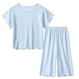 OBiQuzz Mädchen Frühling und einfarbig Seide Kurzarm Lange Hosen Home Wear Pyjamas Set Outfit Neugeborenes Junge (BU1, 5-6 Years)