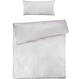 Pure Label Mako Satin Damast Streifen Bettwäsche weiß 155x220 cm mit Kissenbezug 40x80 cm aus 100% Baumwolle | Traumhaft weiches Mako Satin Bettwäsche Set in Uni