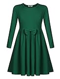 Arshiner Mädchen Kleider Baumwolle Kinder Langarm Kleid mit Fliege Winterkleider Herbstkleid A-Linie Festliches Rundhals Basic Freizeit Kleider für Mädchen 11-12 Jahre 150 Dunkelgrün