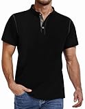 PEGENO Henley Shirt Herren Kurzarm Stehkragen Knopfleiste Klassisch Baumwolle Herren Shirts Kurzarm Schwarz Mittle