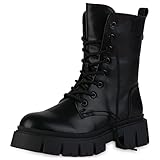 VAN HILL Damen Stiefeletten Plateau Boots Blockabsatz Schuhe Freizeit Stiefel Profilsohle Booties Schnürschuhe 208392 Schwarz 36