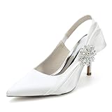 Elfenbein,41,Damen-Abendschuhe mit Slingback-Stiletto-Absatz, sexy Pumps aus Satin mit geschlossener Zehenpartie Abschlussbälle und Hochzeiten, formelle Brautschuhe Strass-Absatz
