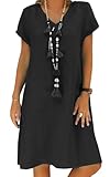 Sommerkleid Damen Leinen Kleider Casual V-Ausschnitt Midikleid Kurzarm A-Linie Kleid Strandkleid Ohne Zubehör (A Schwarz, XXL)