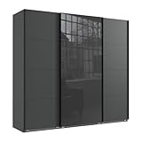 Geräumiger Schwebetürenschrank Kleiderschrank 3-türig B225/H208/T64 cm in Grafit, mittlere Tür mit Glasfront in Grau, inkl. einer Kleiderstange, 4 Einlegeböden und 2 Stoffboxen / 22523