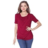 Stillshirt Kurzarm Stillkleidung Umstandsshirt Schwangerschaft T-Shirt Nursing Umstandstop Freundliche Still-Tops Stilloberteile Damen Lässig Rundhalsausschnitt Stillbluse Elegante Schwarze (Red, XXL)