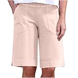 Keepink Damen-Shorts, knielang, einfarbig, Baumwolle, Leinen, Bermuda, kurze Hose, lässig, weites Bein, bequem, lang, Wandern, Stretch-Outfits mit Taschen, 1 x Rosa, XL